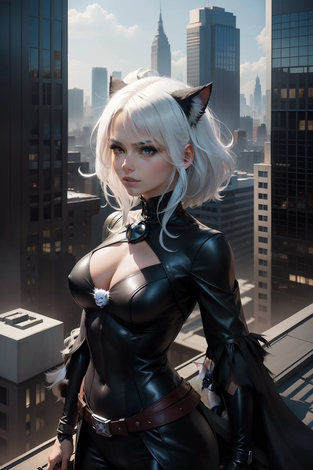 Marvel Black Cat With White hair on a city roof