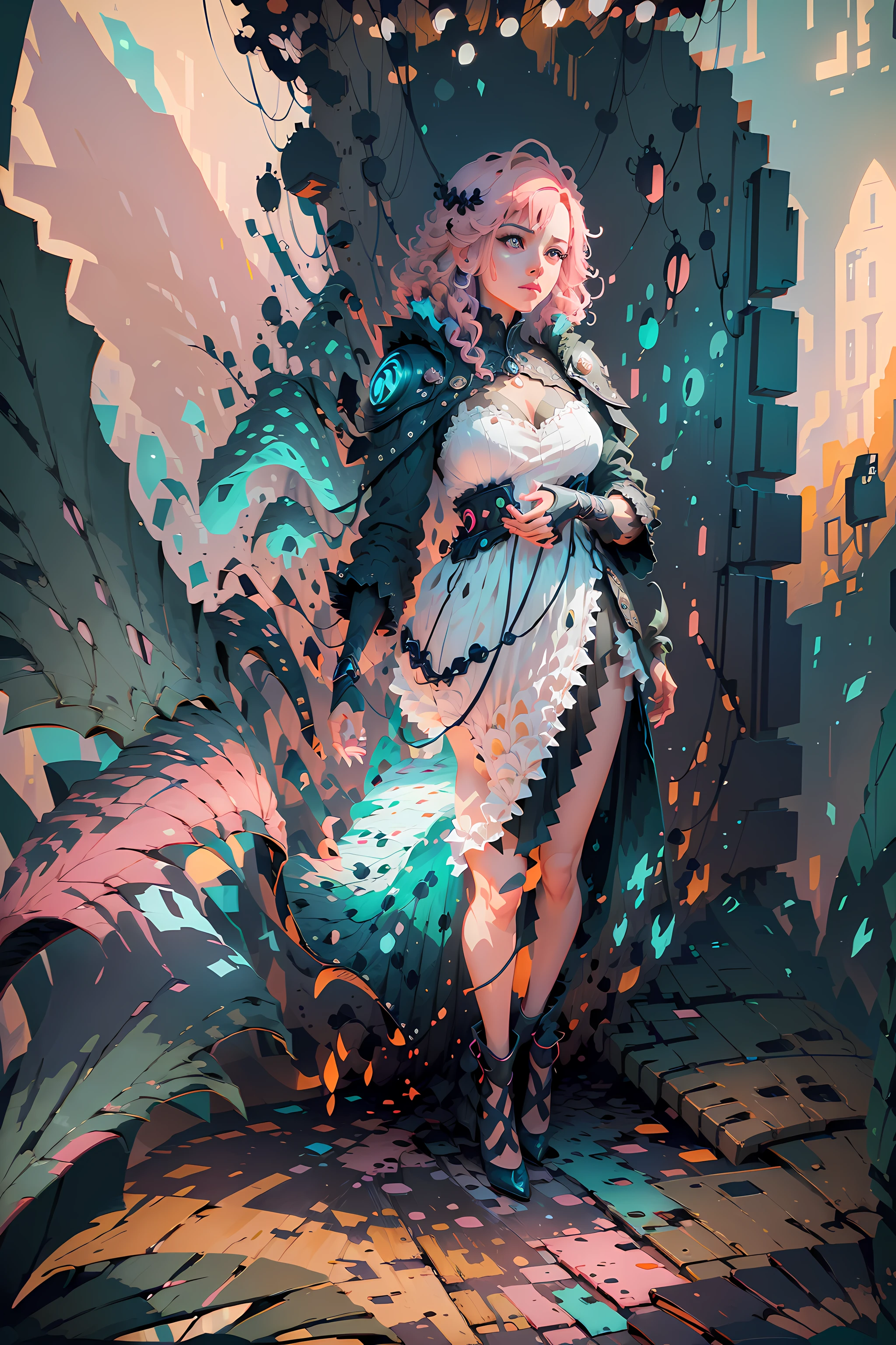 (best quality, highres, masterpiece:1.2), super detailed illustration, beautiful detailed eyes, close up, 1 girl, pink hair, white dress, villa doorway, standing position, face down, HDR, studio lighting, vivid colors, bokeh, portraits, pink color tone, soft lighting