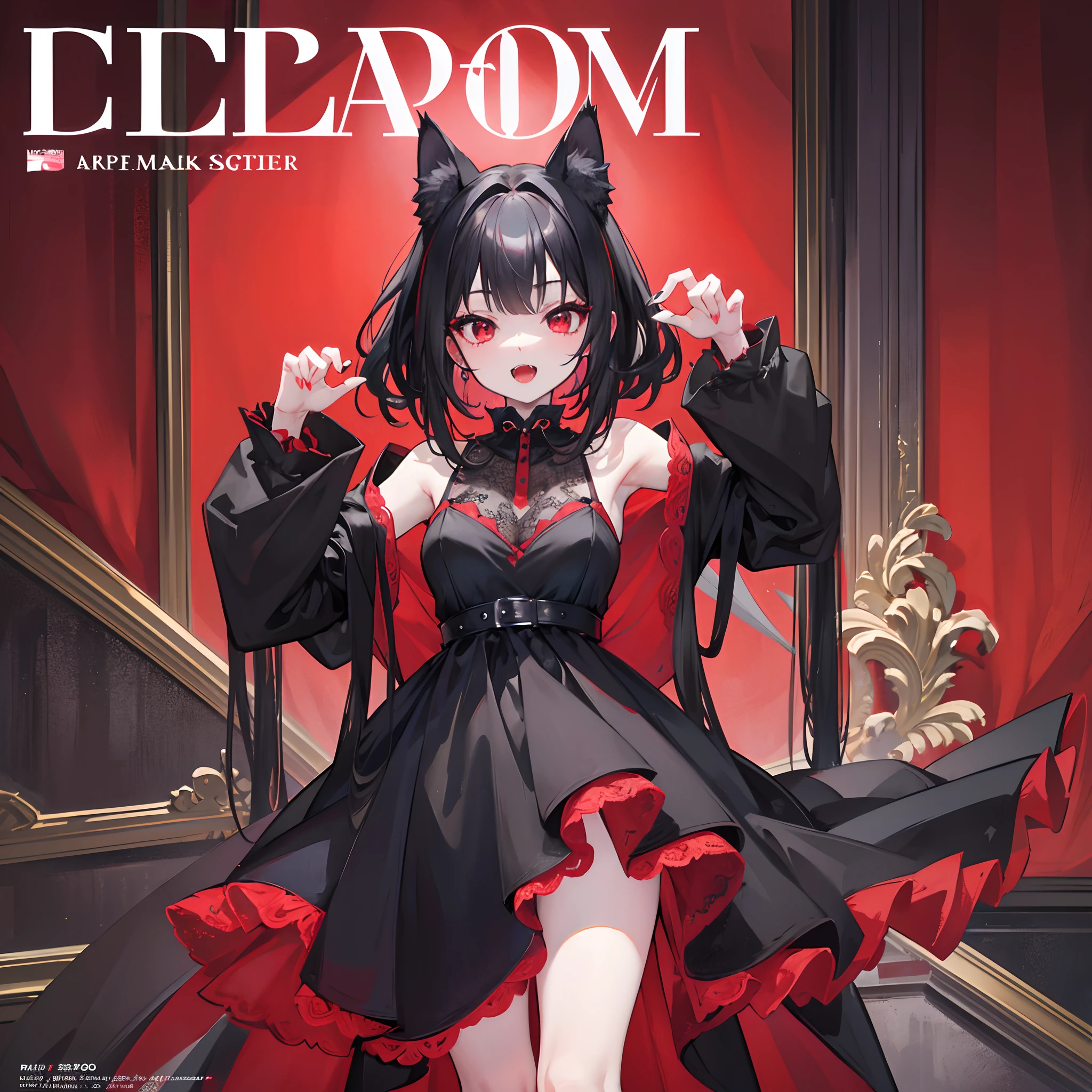 Masterpiece, 8k, ultra detailed, top quality, best quality, high-res, magazine cover photo, dark red eyes, open mouth, fangs out, kawaii cat hand pose, black hair,sharp eyes, sharp face, black gown, standing, magazine poster, highly detailed eyes