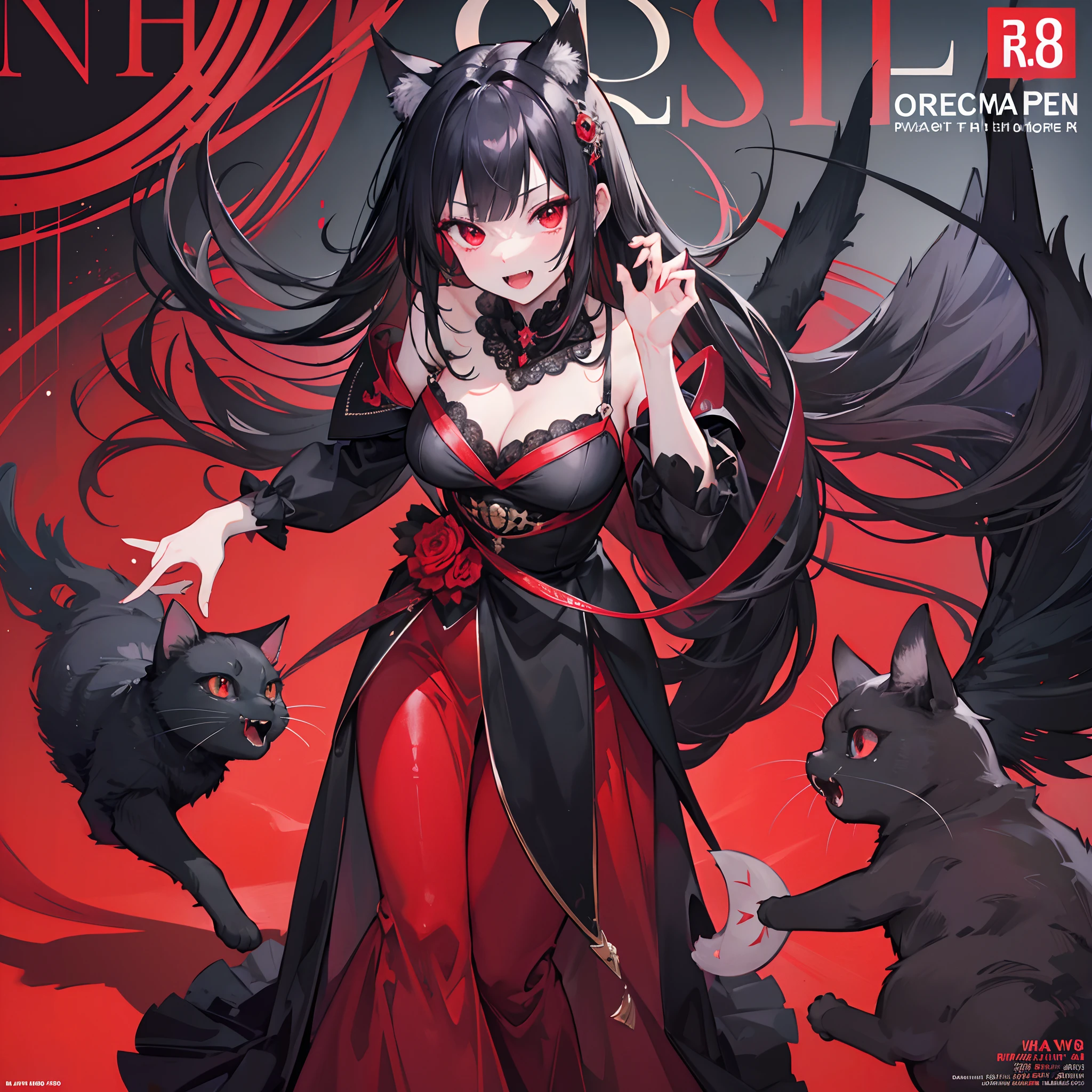 Masterpiece, 8k, ultra detailed, top quality, best quality, high-res, magazine cover photo, dark red eyes, open mouth, fangs out, kawaii cat hand pose, black hair,sharp eyes, sharp face, black gown, standing, magazine poster, highly detailed eyes