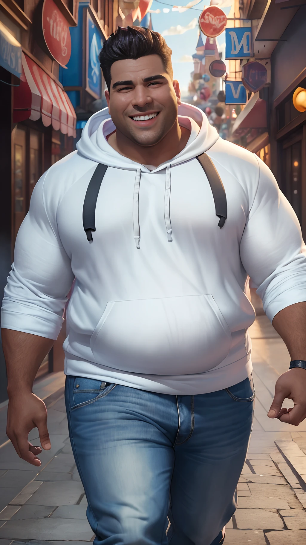 At that moment, a man with a medium fat body, dressed in jeans, a white shirt and a hoodie, appeared walking. He is the man of the smile. Hyper-realistic, 8k, Ultra HD, Pixar Style, Disney Style, 4D Cinema – AR32 --auto --s2