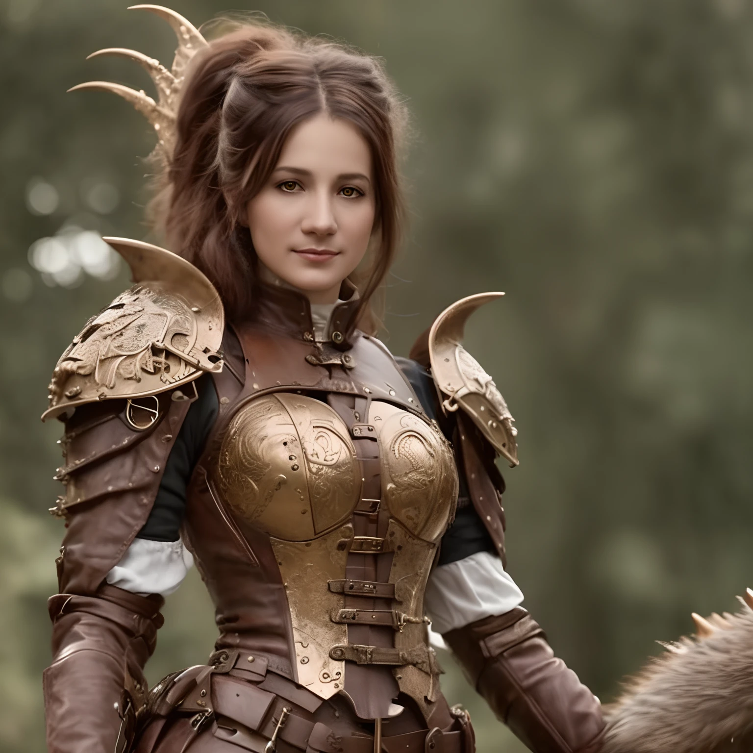 Guerreiro de armadura pesada estilo steampunk, Female dragon armor, e um pet junto da guerreira.