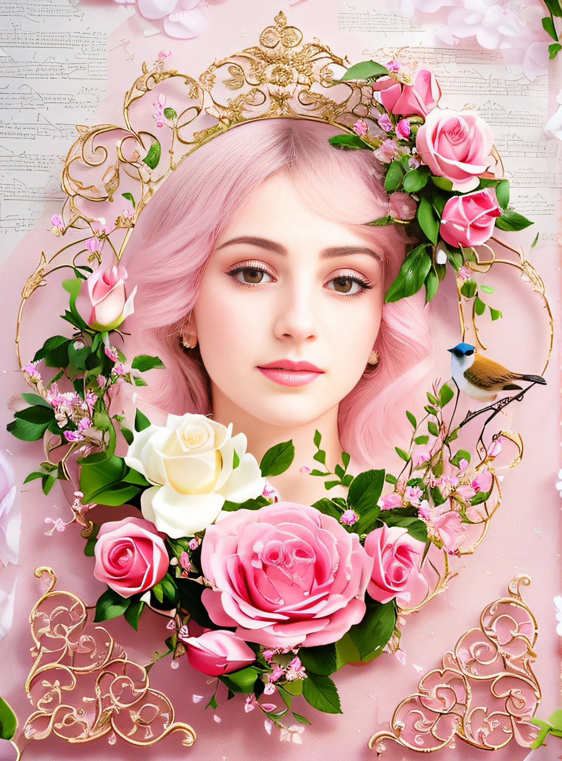 a closeup of an image of a bird and flowers, moldura da flor, Vindima - W 1 0 2 4, floral ornamentado, many birds and roses fly around, coroa de rosas, pastel roses, Roses, lindas molduras, Jardim delicado sobre papel, translucent roses ornate, rosas decorativas, botanico, moldura ornamentada, Rosen Maiden, portal feito de rosas, retire a cor da moldura