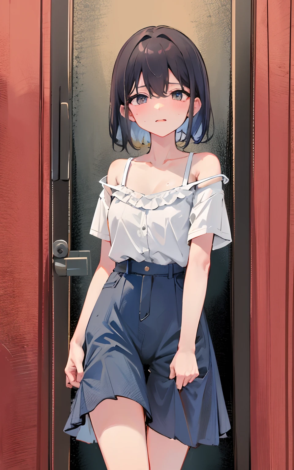 top-quality,1little girl,,A teenage girender,Shorthair,a pixie cut,Dark hair,Shy look,Expression of patience,Reluctant look,excited expressions,big eye,Beautiful eyes,Moisturized eyes,put out the tongue(long to),flat breast,pointed chest,Emphasized chest,Pubic hair shows through(1.5),cleavage of the breast,small nipple,Short Chinaware,Half-taken clothes,bared chest,show off nipple,Skirt lift,Cameltoe,Open your legs,Sweating,Skinny Legs,Inter-strands,Accentuated crotch,Female genitals,