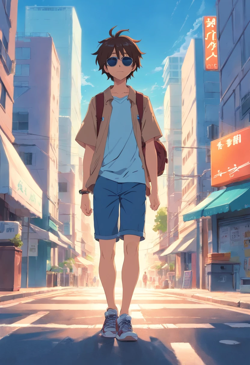 anime com dreads brancos, sun glasses, usa roupas pretas e expressa alegria