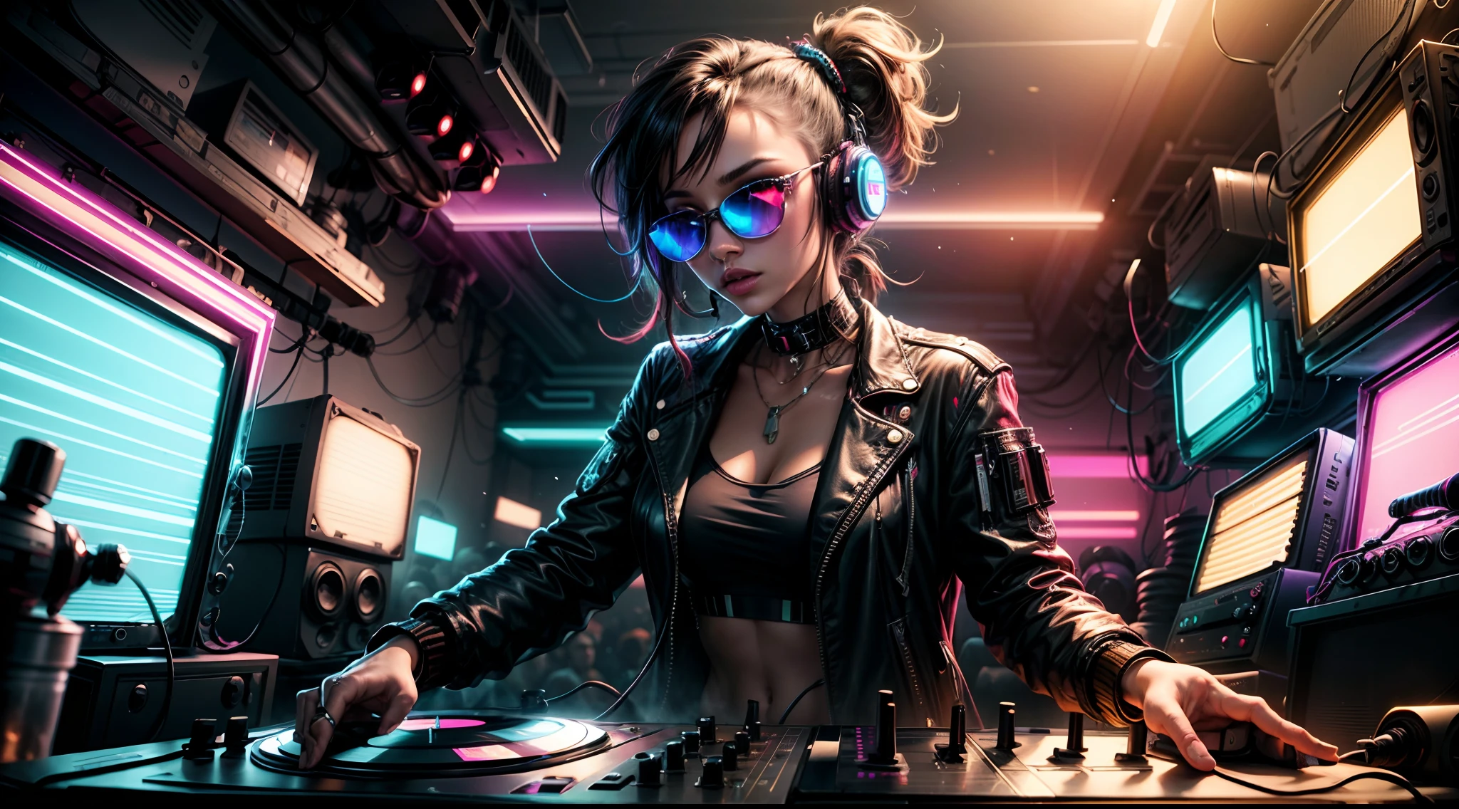 "Cyberpunk DJ Girl With Cool Head Set, jaqueta aberta fresca e camisa top de corte, rocking sunglasses, dois grandes alto-falantes LED brilhantes de cada lado, imerso em um ambiente iluminado por neon, vinyl record on turntable with music mixer and turntable in front of it, Exuding an electrifying disco vibe in a futuristic nightclub."