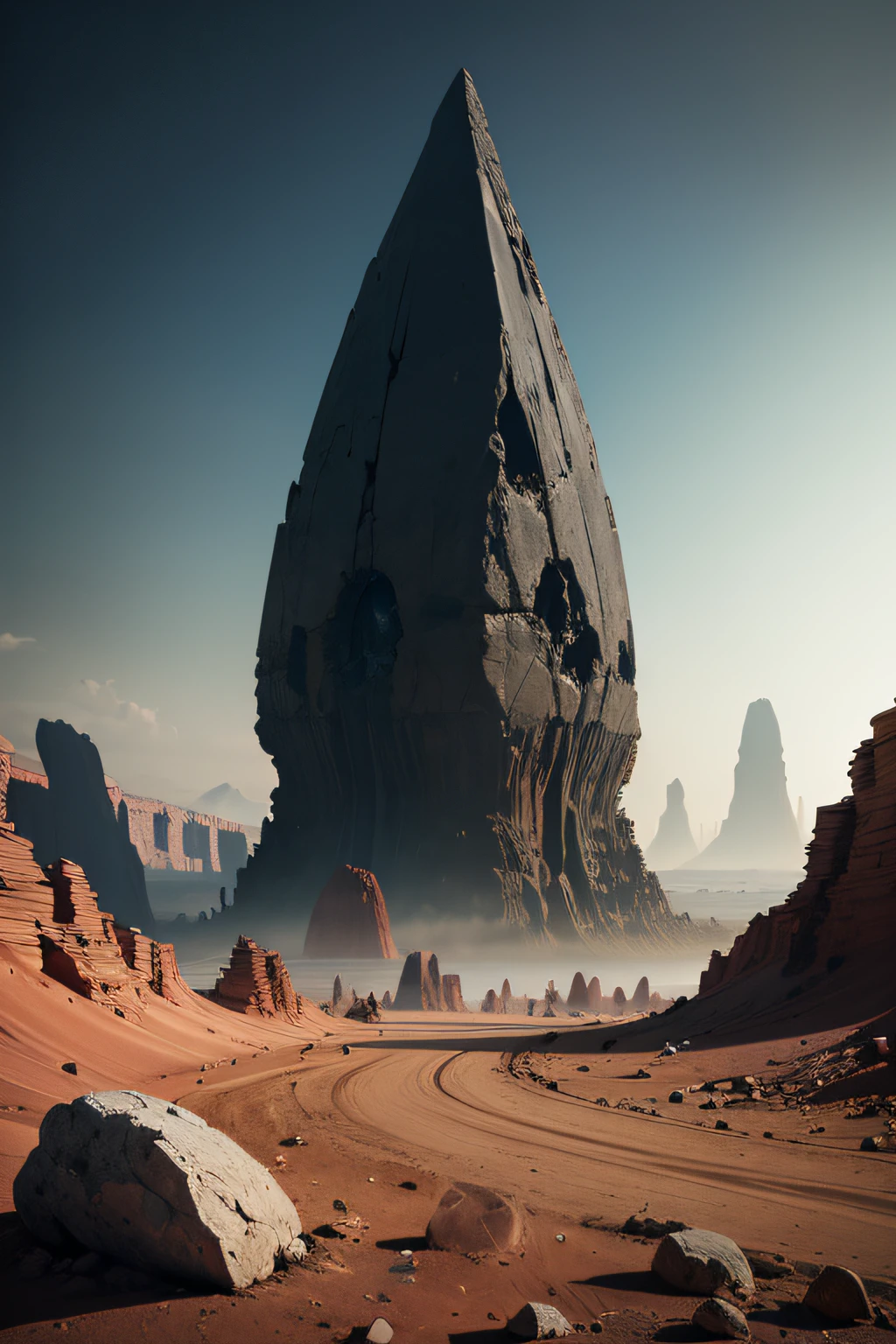 Seismic exploration A giant cone-shaped alien drill of a flying saucer made of black monolithic stone bites into the ground, destroying the planet, Major deletion, cinema, Close-up from a long distance. Alien design, bites into the surface of a rocky planet, huge cracks and canyons from the drill.