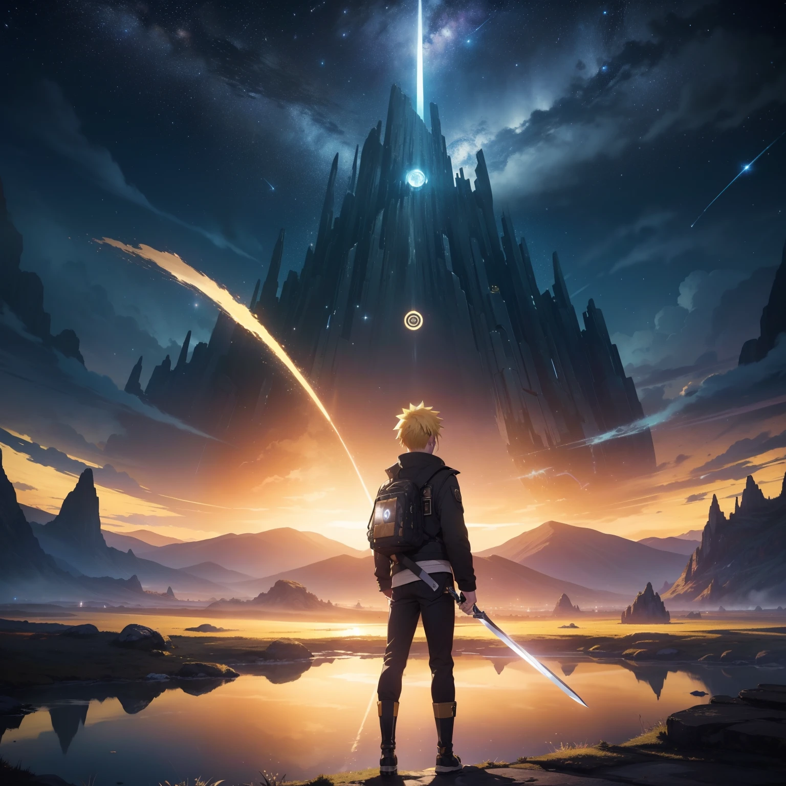 ((Best Quality, 8K, Masterpiece)), landscape, in front of portal, standing young man with short yellow hair, black jeans, look at the stars, amazing scenery, hundreds of stars forming a circle, center of city, futures, bring long sword, the edge of the world, Uzumaki Naruto, outstanding art, reflection.