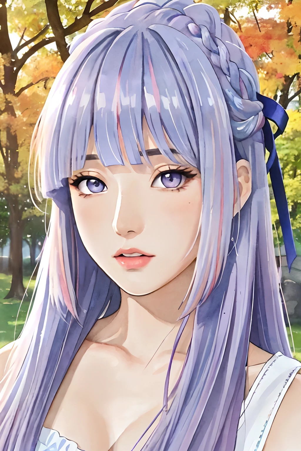 (8K, Best Quality, Masterpiece: 1.2), (Best Quality: 1.0), (Ultra High Definition: 1.0), Watercolor, Beautiful Woman, Shining Eyes, Shoulders, Hair Ribbon, Agnes Cecil, Half-Body Portrait, Very Bright Bright Design, Pastel Colors, (Ink: 1.3), Autumn Light,Blunt Bangs, purple eyes, long dark blue hair