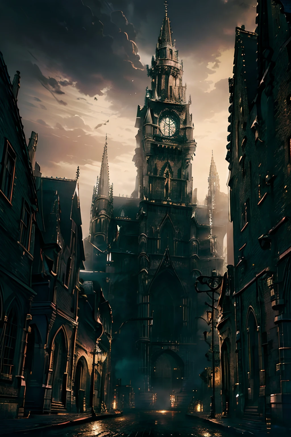 In a dark, mysterious city known as Yharnan, a grand cathedral stands tall as the centerpiece. The cathedral dominates the skyline with its gothic architecture, towering spires, and intricate stained glass windows. The scene is set on a foggy night, with a full moon casting an eerie glow on the sprawling city below. A stone bridge connects the different parts of the city, its medieval design adding to the overall gothic ambiance. The air is filled with an aura of mystery and suspense as shadows dance among the narrow alleys and cobblestone streets. The prompt captures the essence of this somber and haunting scene, showcasing the cathedral as the focal point amidst the dark and atmospheric cityscape. The level of detail and realism is exceptional, thanks to the (best quality:1.2), (ultra-detailed), and (photorealistic:1.37) tags. The prompt also highlights the gothic art style, with its sharp contrasts, intricate details, and dramatic lighting. The color palette leans towards deep, rich hues, evoking a sense of darkness and enchantment. The prompt as a whole paints a vivid picture of a gothic masterpiece, transporting the viewer into a world of mystery, architecture, and darkness.