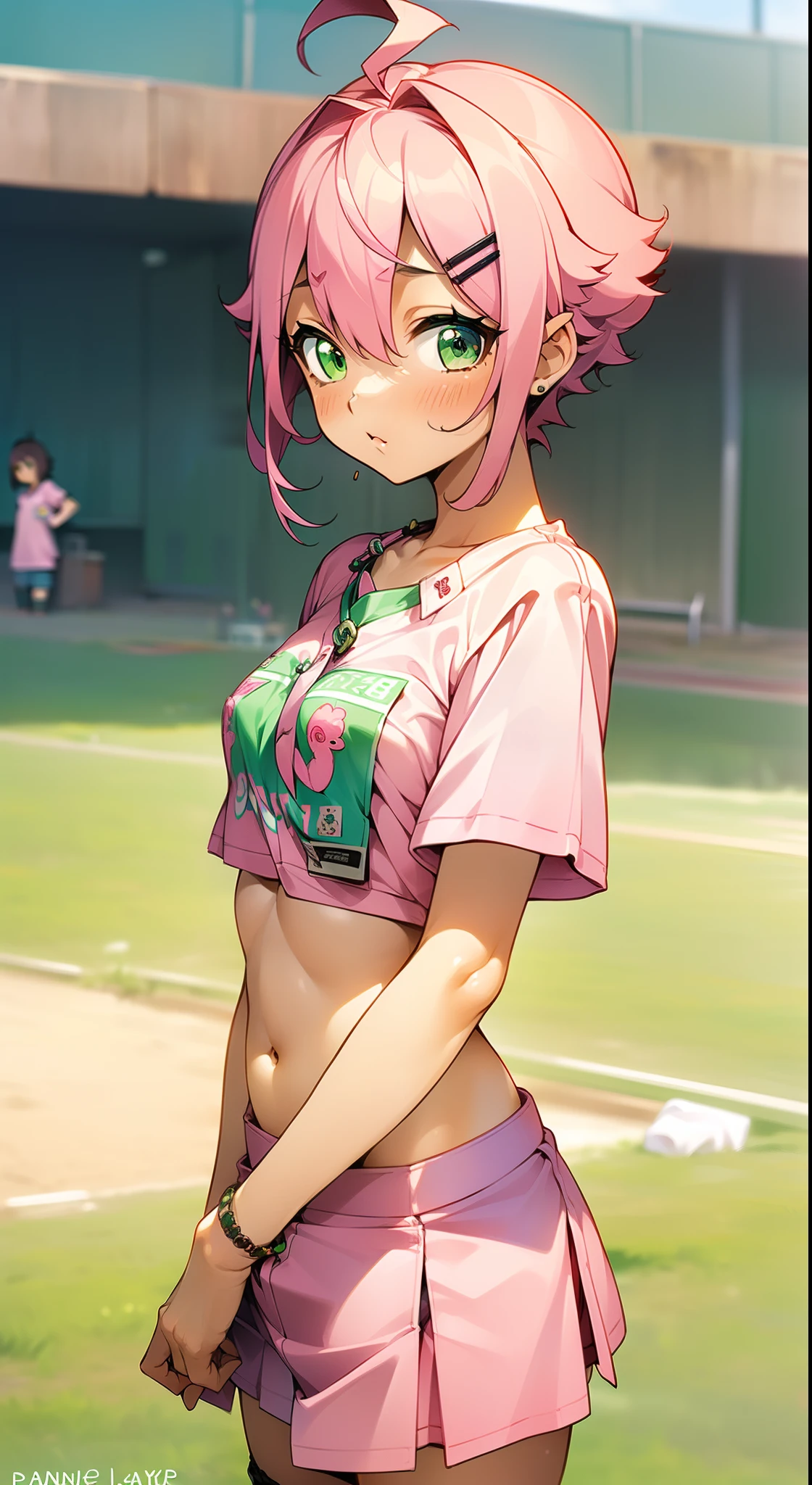 Female((18year old)), hair((short, pink)), eyes((puppy eyes, green eyes)), clothes((t-shirt ((no bra)),  mini skirt ((panty showing under , very short)), accessories ((hair pin, name tag)), small breast, tiny boobs, baseball field, showing butt, booty,  plumpy,