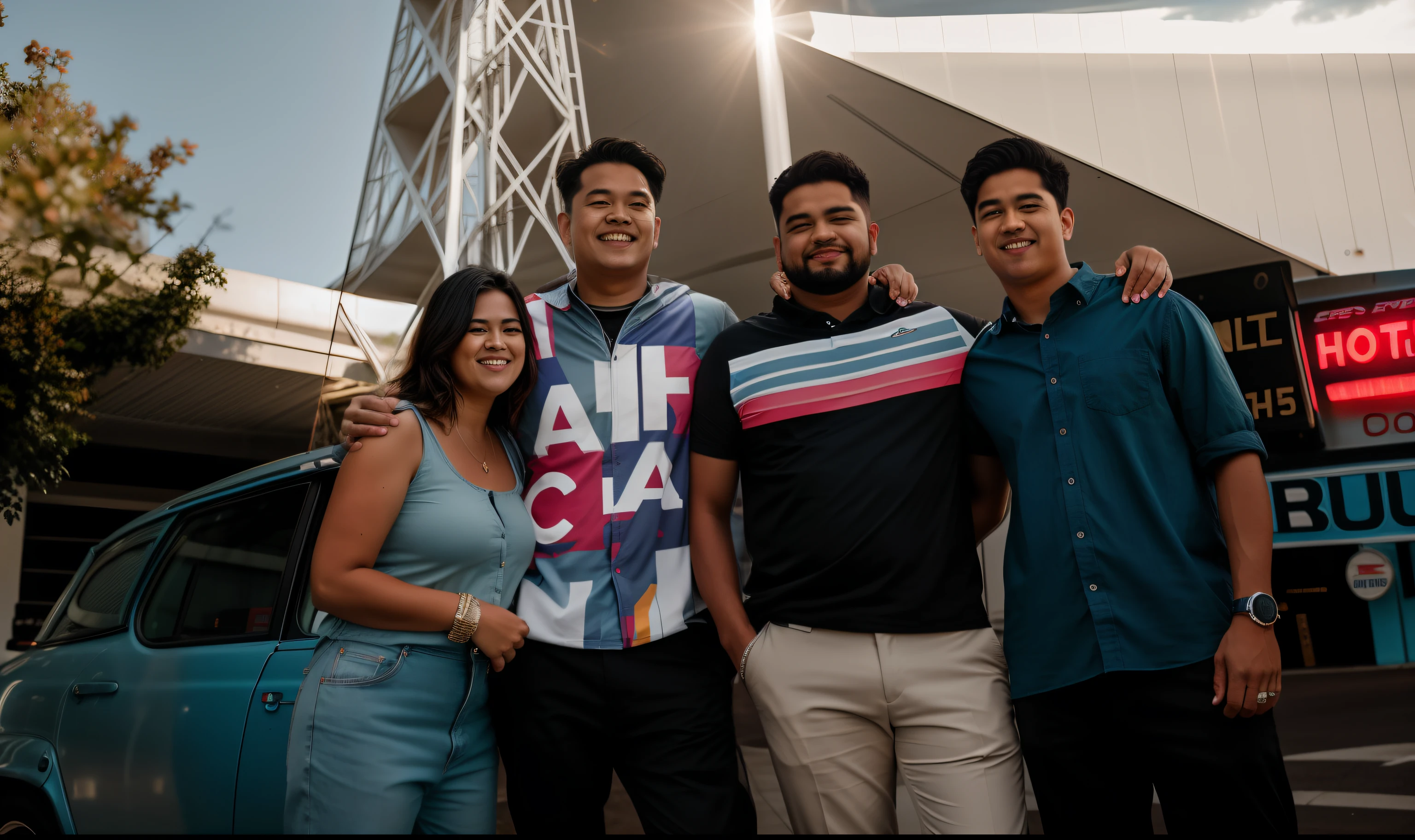 three men and a woman standing next to a car in front of a building, taken with sony alpha 9, shot on canon eos r5, shot on canon eos r 5, shot on nikon z9, shot with sony alpha 1 camera, taken with canon eos 5 d mark iv, taken with the best dlsr camera, portrait mode photo, shot with sony alpha