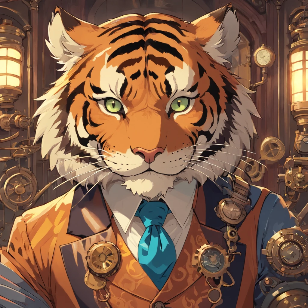 homem tigre homem usando um terno e gravata, steampunk, anos 1800, tiger traits, pelos de tigre, tigre homem, homem tigre, skinwalker