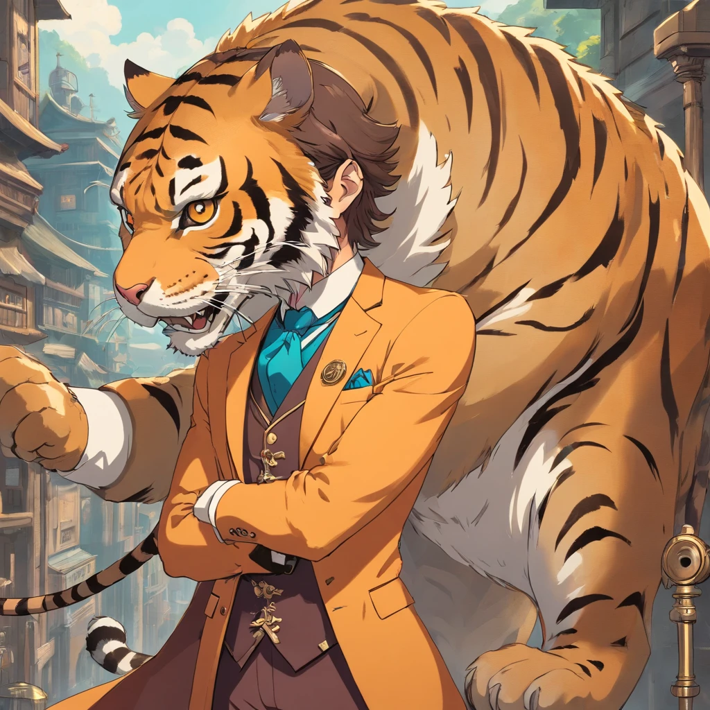 homem tigre homem usando um terno e gravata, steampunk, anos 1800, tiger traits, pelos de tigre, tigre homem, homem tigre, skinwalker