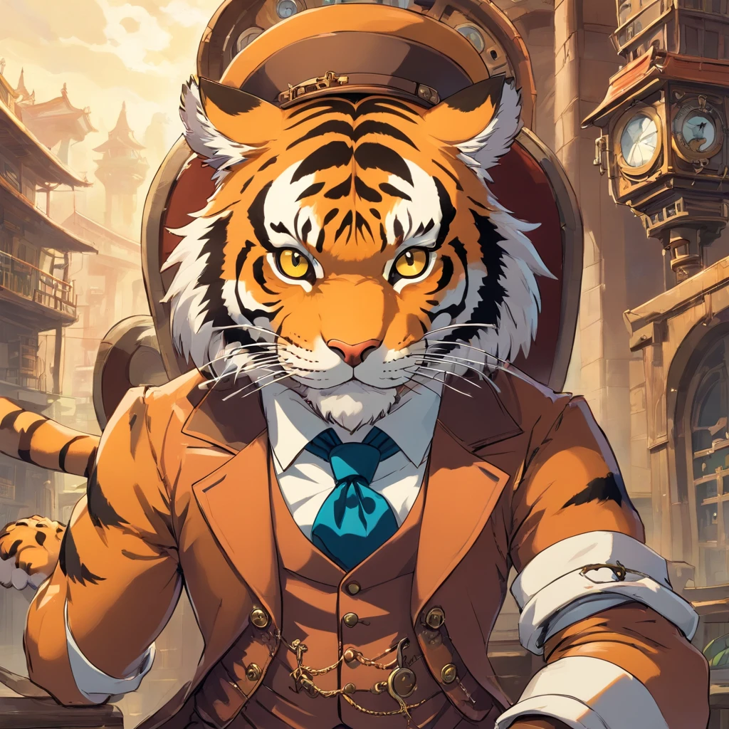 homem tigre homem usando um terno e gravata, steampunk, anos 1800, tiger traits, pelos de tigre, tigre homem, homem tigre, skinwalker