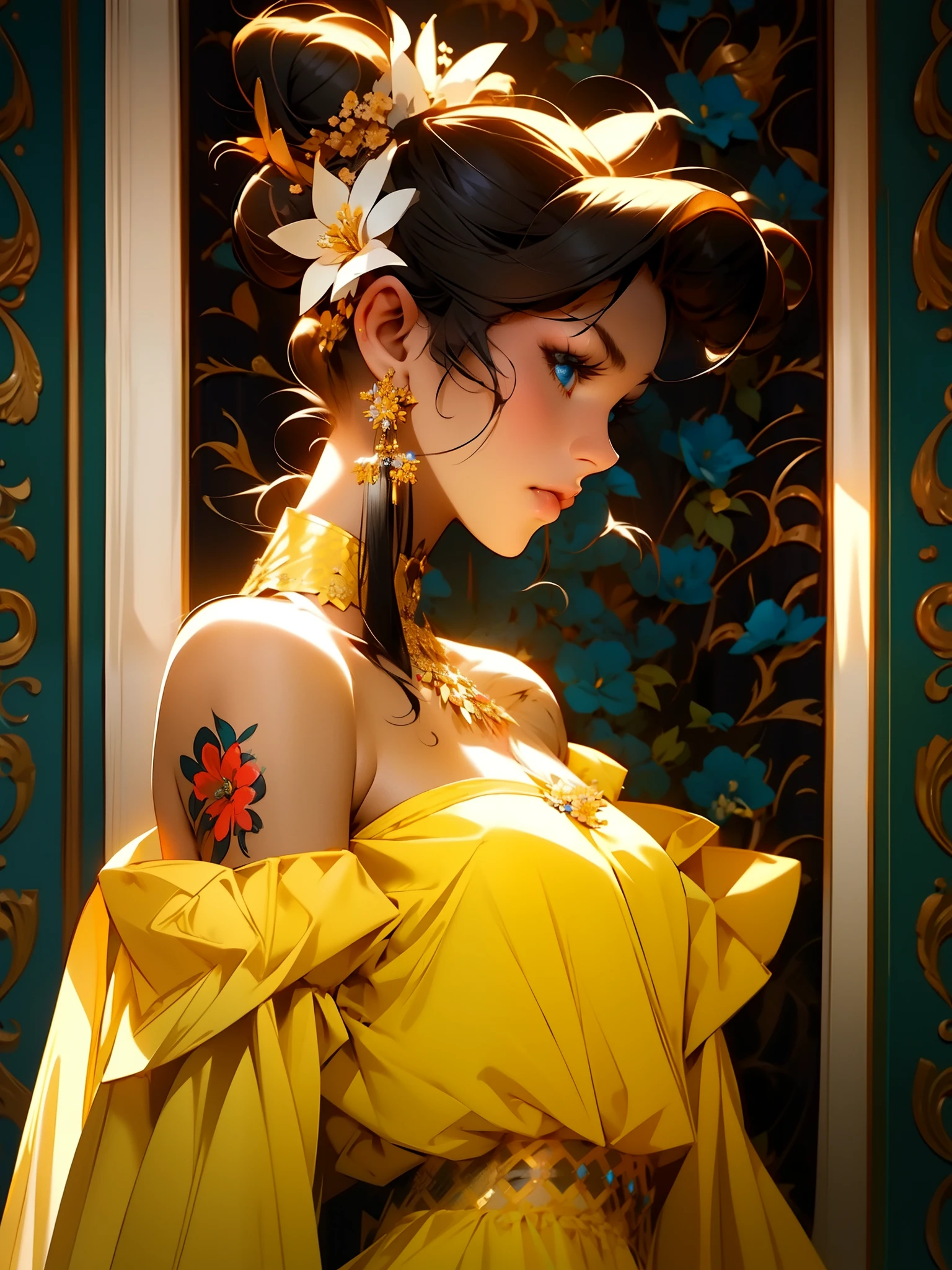 masterpiece best quality,1girl, solo, hair flowers, long hair, blue eyes, looking at viewer, medium breast, tattoo, black hair, tassel, bare shoulders, mecha, bangs, upper body, earrings, indoors, off shoulder, jewelry, eyelashes, lips, profile, hair bun, piercing, single hair bun, flowers,