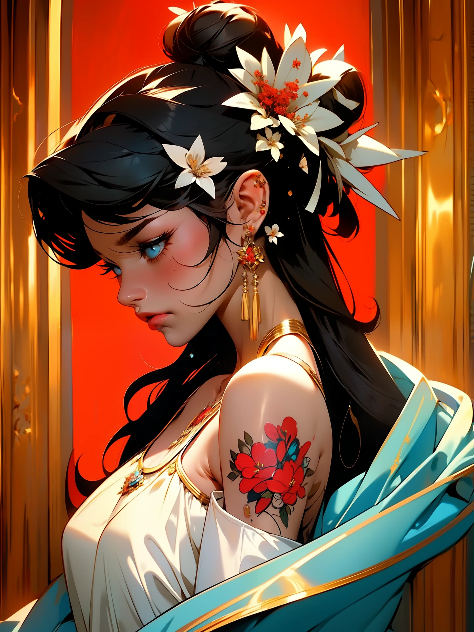 masterpiece best quality,1girl, solo, hair flowers, long hair, blue eyes, looking at viewer, medium breast, tattoo, black hair, tassel, bare shoulders, mecha, bangs, upper body, earrings, indoors, off shoulder, jewelry, eyelashes, lips, profile, hair bun, piercing, single hair bun, flowers,