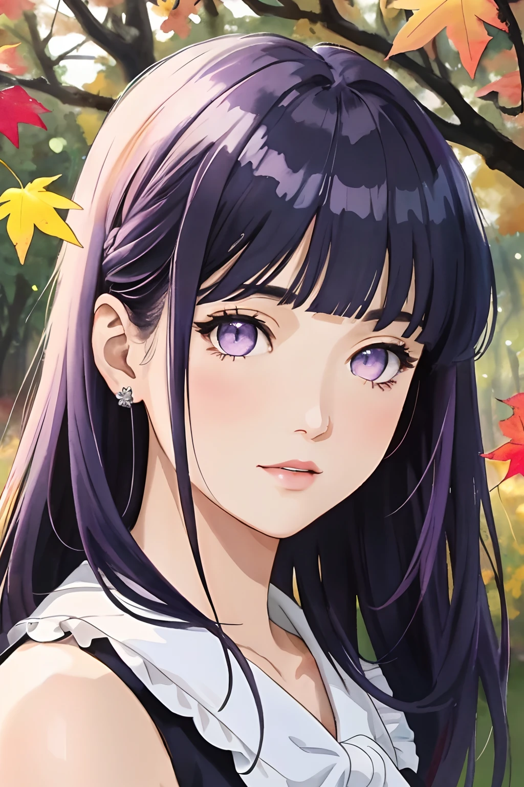 (8K, Best Quality, Masterpiece: 1.2), (Best Quality: 1.0), (Ultra High Definition: 1.0), Watercolor, Beautiful Woman, Shining Eyes, Shoulders, Hair Ribbon, Agnes Cecil, Half-Body Portrait, Very Bright Bright Design, Pastel Colors, (Ink: 1.3), Autumn Light,Blunt Bangs, purple eyes, long dark blue hair