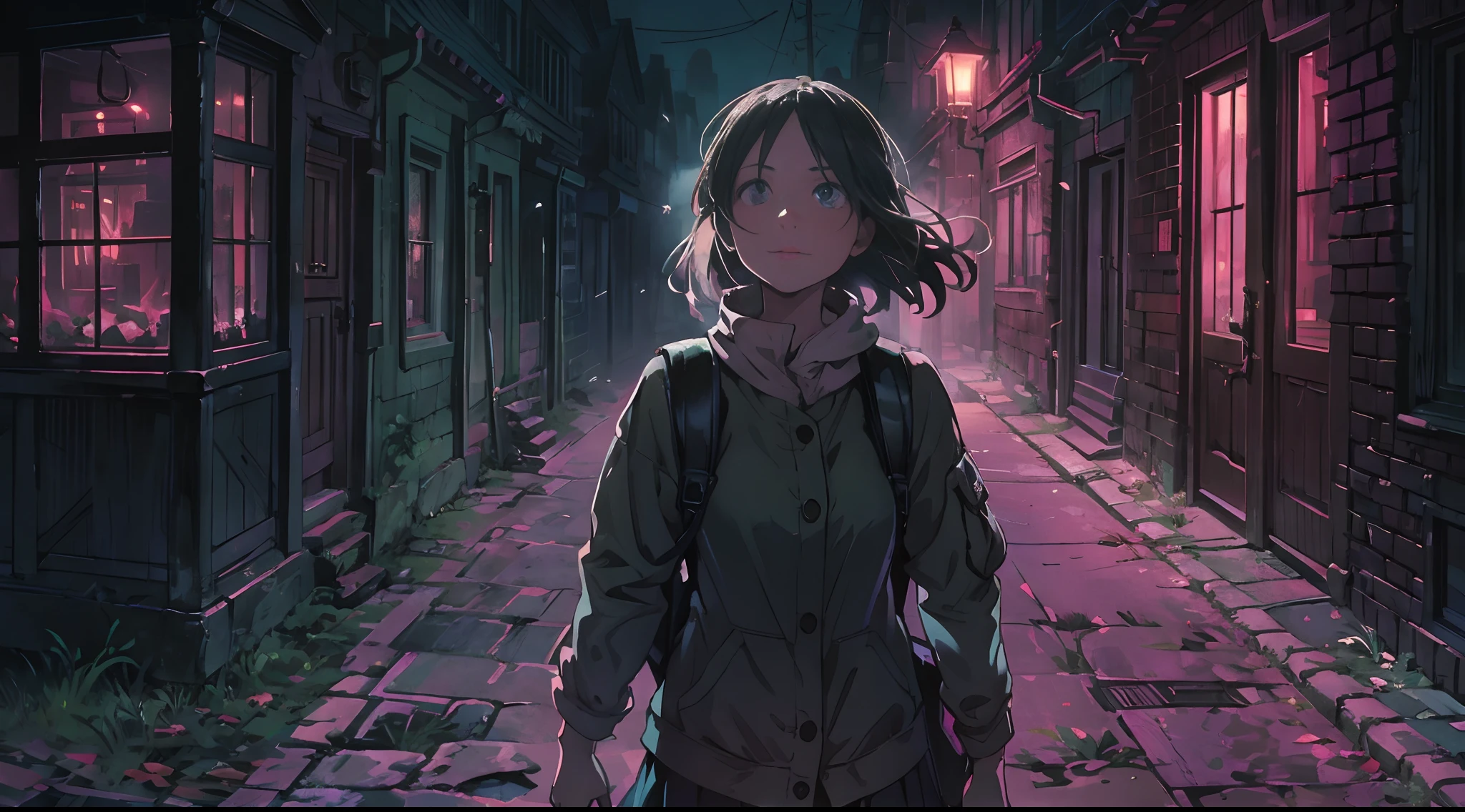 A young girl carrying a backpack walking down a deserted street, in the middle of the night with long shadows on it.  Emily looks over her shoulder, her eyes wide with fear, as if she senses a presence behind her.  At night.  A dimly lit street with flickering street lights, and long shadows create an eerie atmosphere.  Deserted street, long shadows.  The street lights start flashing.  Tree branches sway.  Violently, the leaves rustle in the wind, creating an unsettling sound.  At night.  Emily's head turns sharply, her gaze darting from side to side, searching for any sign of danger.Attractive body