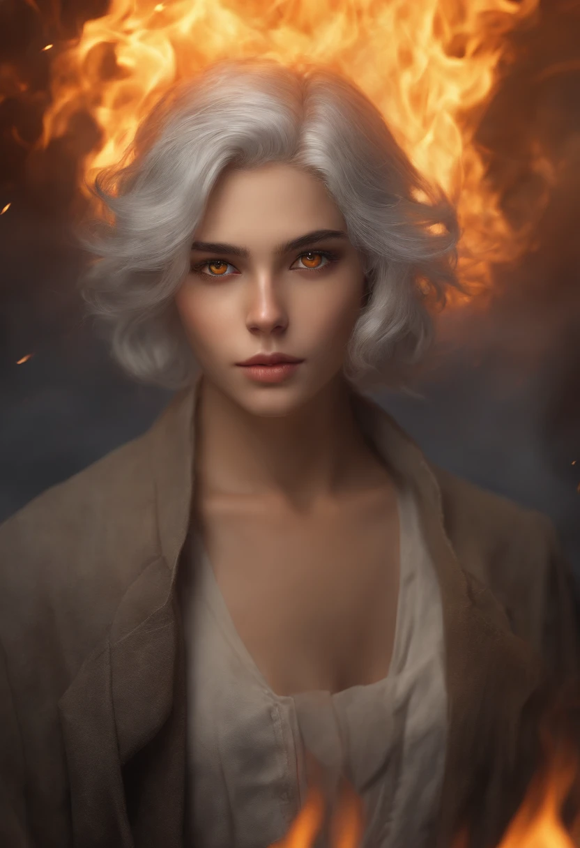 High detail, Clarity, 8kK, Young person, 18 years old, Light gray hair, short detailed hair, Yellow eyes, Stand on the fire, Realism, fantasy,