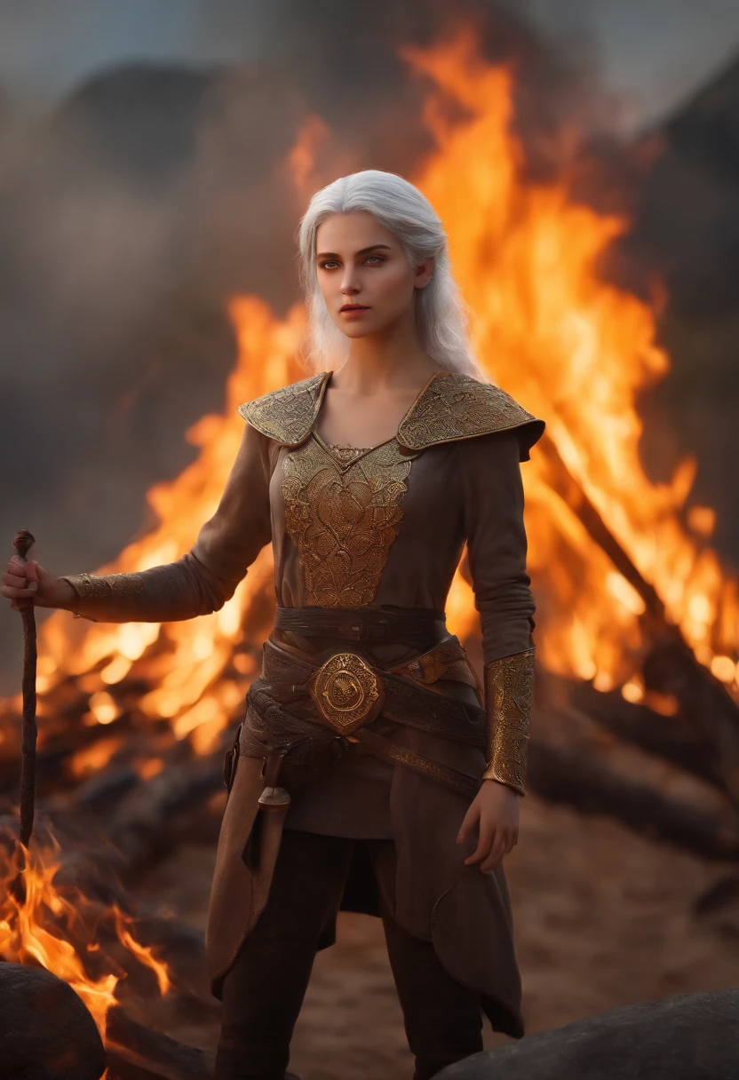 High detail, Clarity, 8kK, Young person, 18 years old, Light gray hair, short detailed hair, Yellow eyes, Stand on the fire, Realism, fantasy,