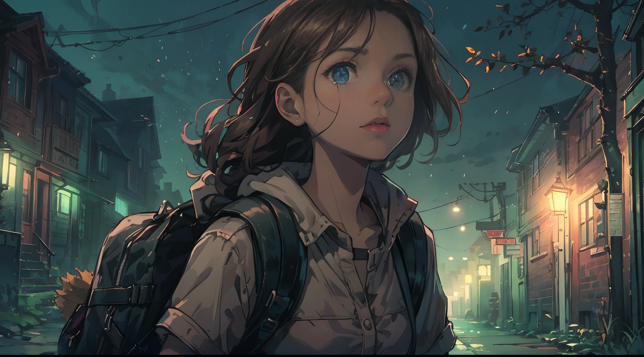 A young girl carrying a backpack walking down a deserted street, in the middle of the night with long shadows on it.  Emily looks over her shoulder, her eyes wide with fear, as if she senses a presence behind her.  At night.  A dimly lit street with flickering street lights, and long shadows create an eerie atmosphere.  Deserted street, long shadows.  The street lights start flashing.  Tree branches sway.  Violently, the leaves rustle in the wind, creating an unsettling sound.  At night.  Emily's head turns sharply, her gaze darting from side to side, searching for any sign of danger.Attractive body