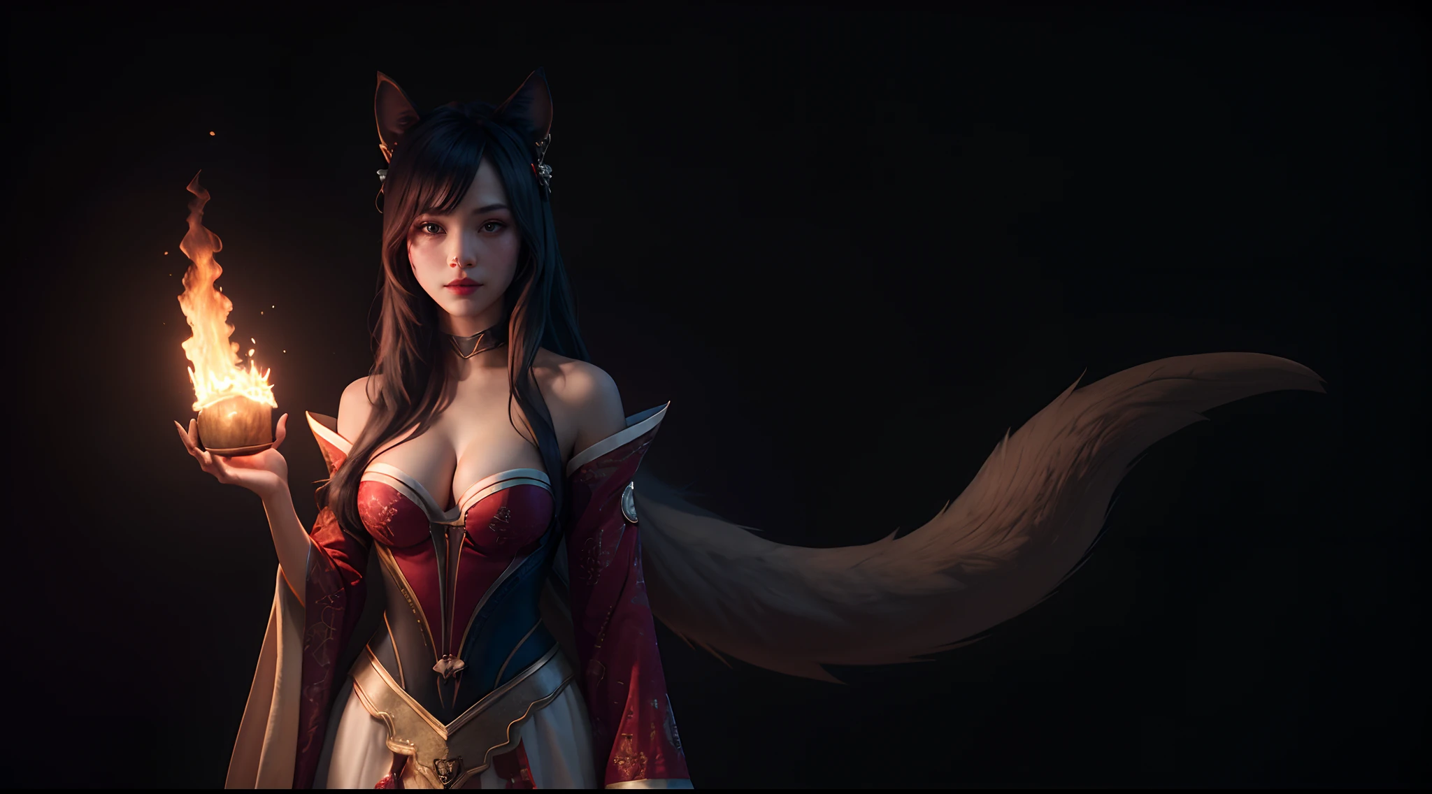 (masterpiece, best quality), intricate detailsah1, facial mark, fox tail, korean clothes, cleavage, bare shoulders, detached sleeves, 1 girl, solo, portrait, standing, lookin at viewer, cinematic, dark atmosphere, dark fire burning background, volumetric lighting, half body, black background