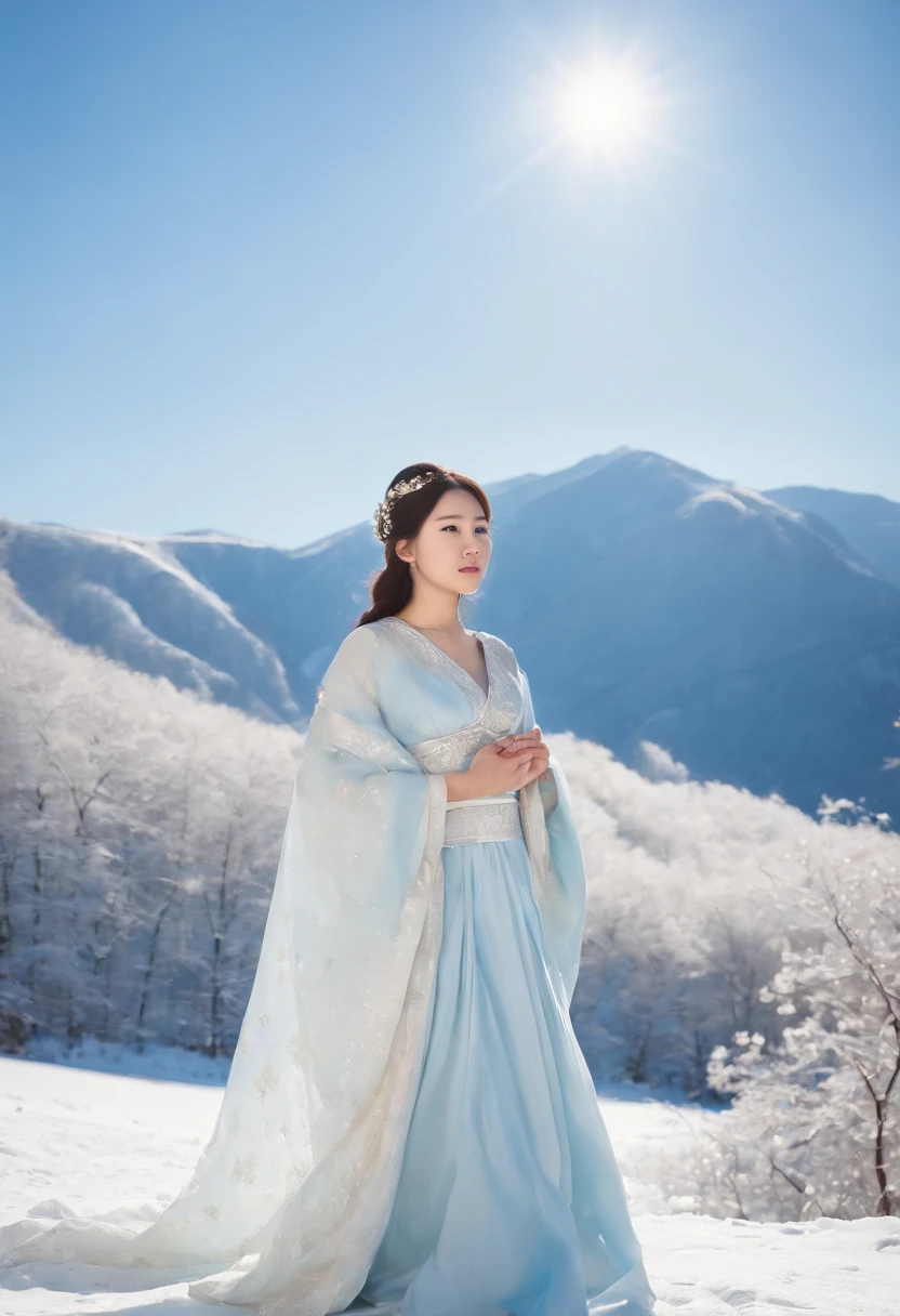 Princess Kikuri Hakuyama, a goddess standing in the sky above Mt. Hakusan that has become white with snow。Princess Kikuri's background is a cloudless blue sky。