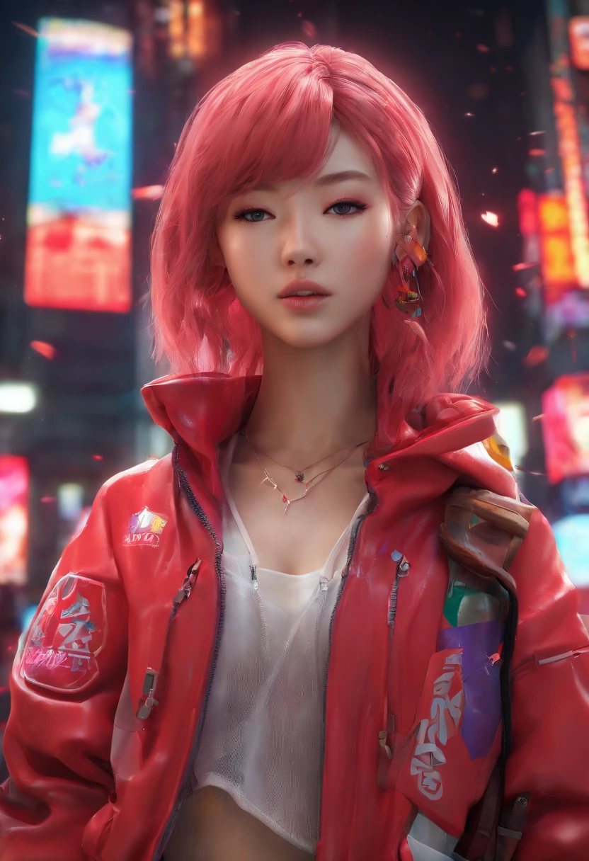 japanaese girl,pale skin,beatiful face,rose hair,red jacket Tokyo, with Cyberpunk style,Japanese streetwear,Tokyo Fashion,Wearing a Cyberpunk 2 jacket 0 7 7,Akira anime