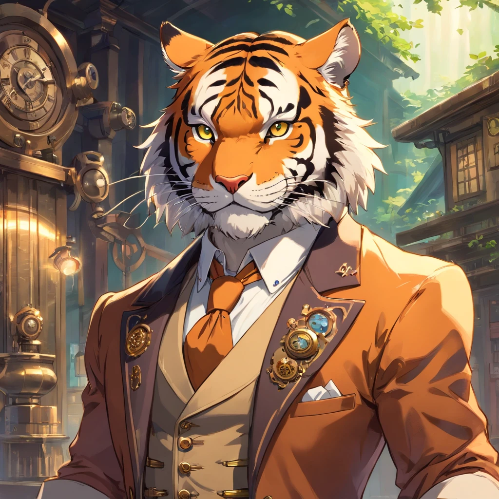 homem tigre homem usando um terno e gravata, steampunk, anos 1800, tiger traits, pelos de tigre, tigre homem, homem tigre, skinwalker