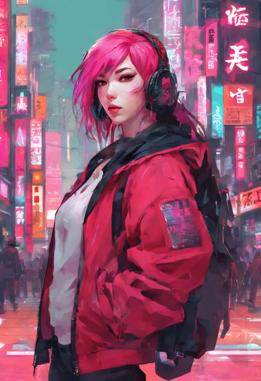 japanaese girl,pale skin,beatiful face,rose hair,red jacket Tokyo, with Cyberpunk style,Japanese streetwear,Tokyo Fashion,Wearing a Cyberpunk 2 jacket 0 7 7