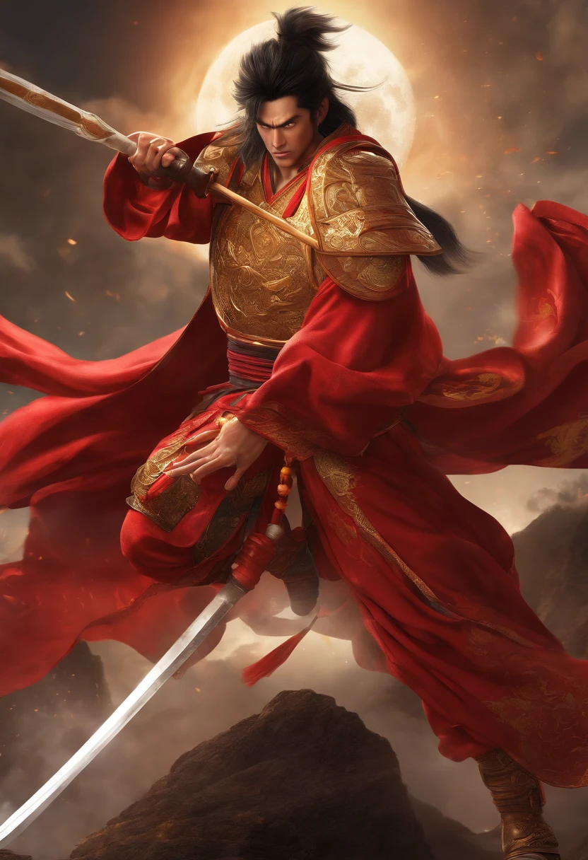 Goku as Chinese warrior in red robes, Dynasty warrior style, Elaborate and gorgeous CGI anime style, Luffy, 8K highly detailed digital effect fantasy, cgsociety 9, epic digital art illustration, and Mumford and Alex Gray style, Bio-luminescence