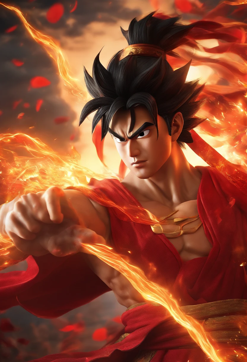 Goku as Chinese warrior in red robes, Dynasty warrior style, Elaborate and gorgeous CGI anime style, Luffy, 8K highly detailed digital effect fantasy, cgsociety 9, epic digital art illustration, and Mumford and Alex Gray style, Bio-luminescence