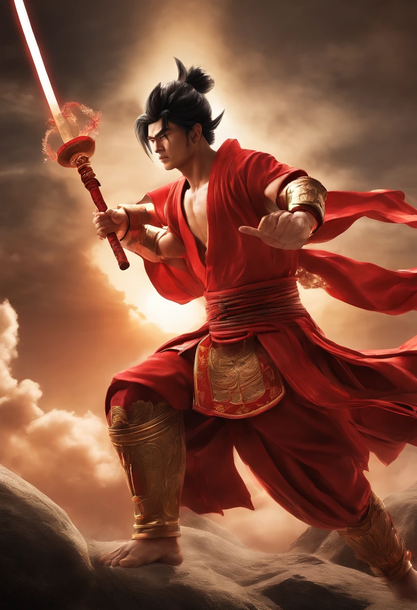 Goku as Chinese warrior in red robes, Dynasty warrior style, Elaborate and gorgeous CGI anime style, Luffy, 8K highly detailed digital effect fantasy, cgsociety 9, epic digital art illustration, and Mumford and Alex Gray style, Bio-luminescence