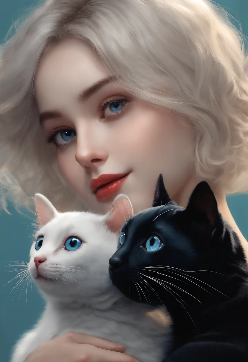 High detail, Clarity, A girl with short hair，With a small English short blue cat，and a large Dalmatian
