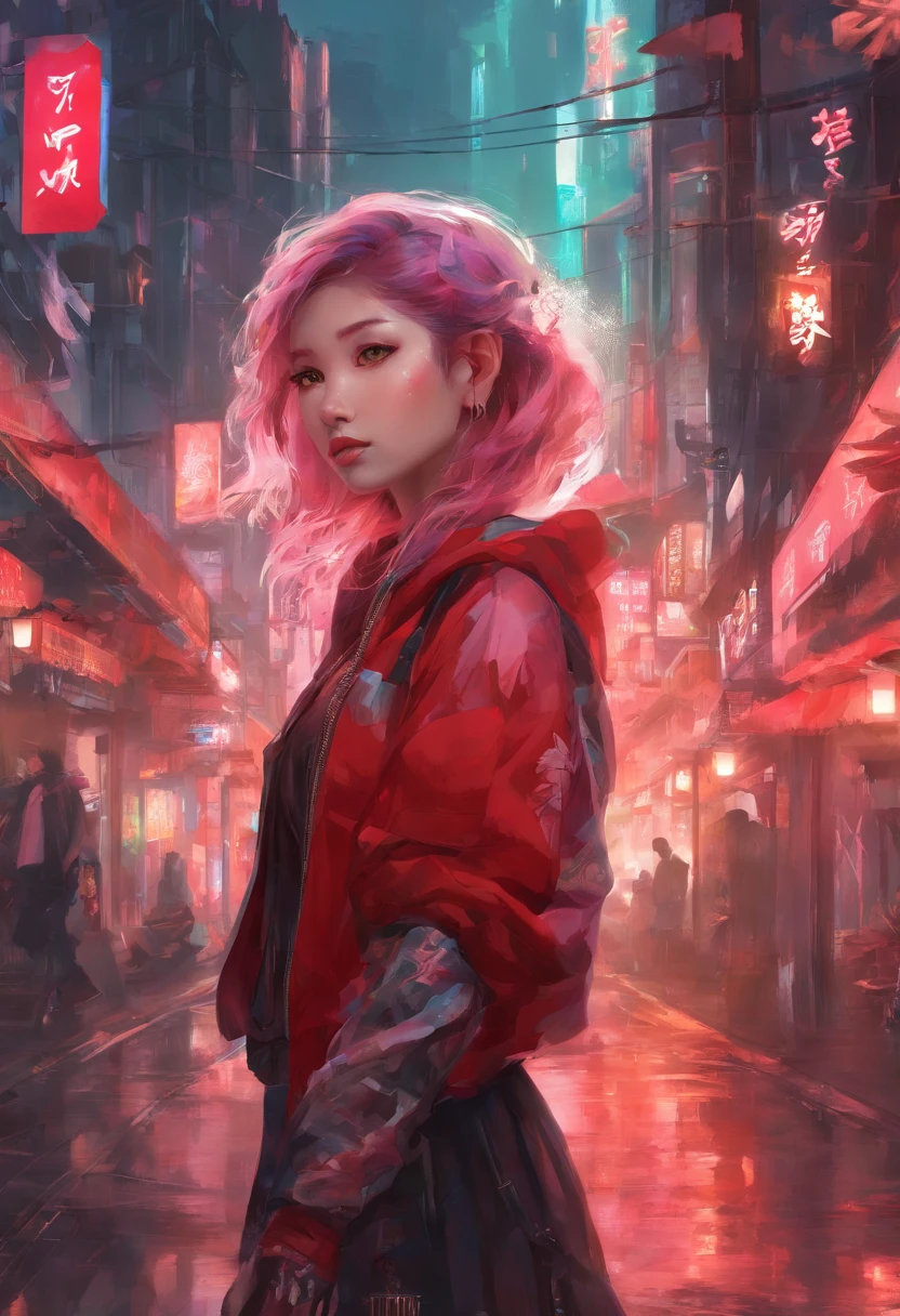 japanaese girl,pale skin,beatiful face,rose hair,red jacket Tokyo, with Cyberpunk style,Japanese streetwear,Tokyo Fashion,Wearing a Cyberpunk 2 jacket 0 7 7