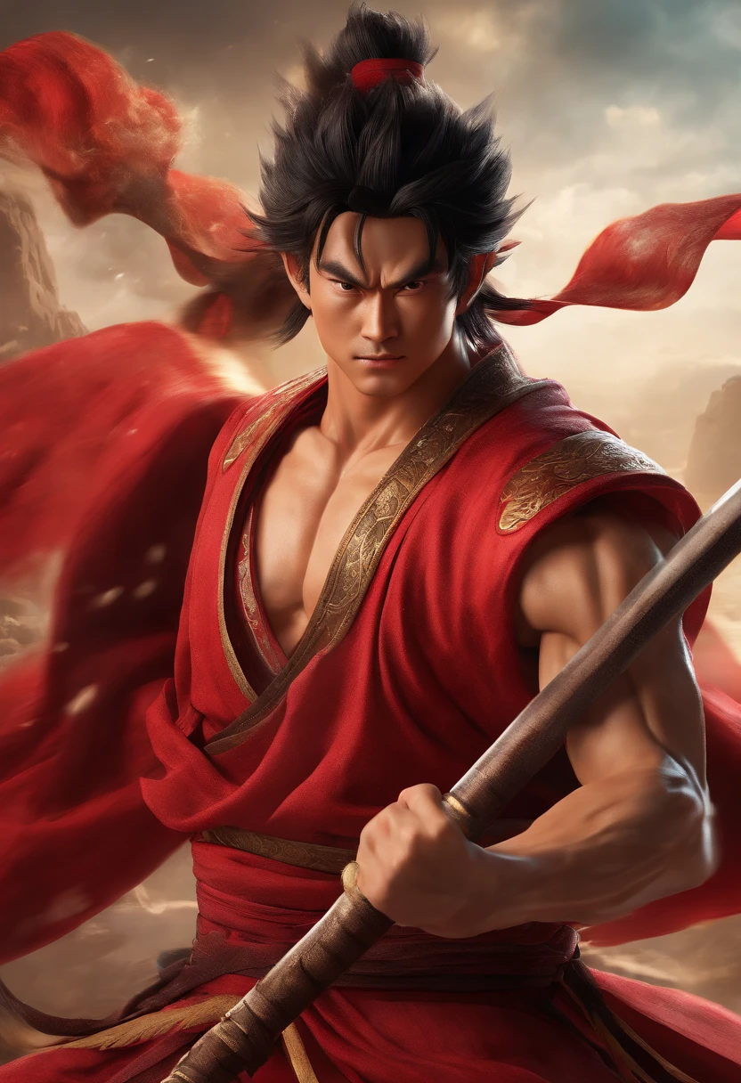 Goku as Chinese warrior in red robes, Dynasty warrior style, Elaborate and gorgeous CGI anime style, Luffy, 8K highly detailed digital effect fantasy, cgsociety 9, epic digital art illustration, and Mumford and Alex Gray style, Bio-luminescence