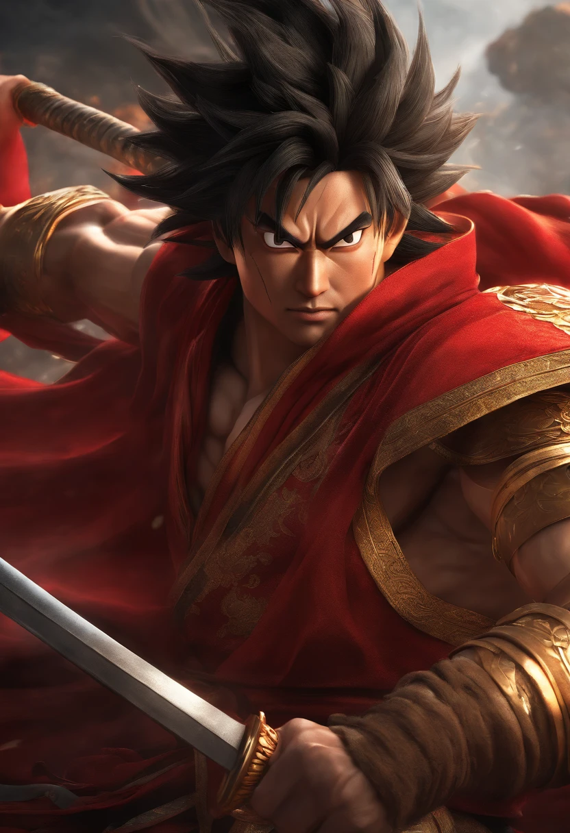 Goku as Chinese warrior in red robes, Dynasty warrior style, Elaborate and gorgeous CGI anime style, Luffy, 8K highly detailed digital effect fantasy, cgsociety 9, epic digital art illustration, and Mumford and Alex Gray style, Bio-luminescence