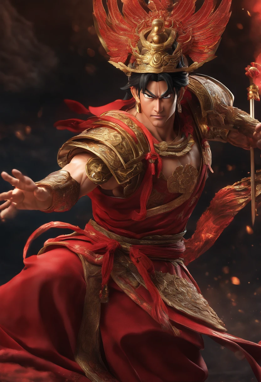 Goku as Chinese warrior in red robes, Dynasty warrior style, Elaborate and gorgeous CGI anime style, Luffy, 8K highly detailed digital effect fantasy, cgsociety 9, epic digital art illustration, and Mumford and Alex Gray style, Bio-luminescence