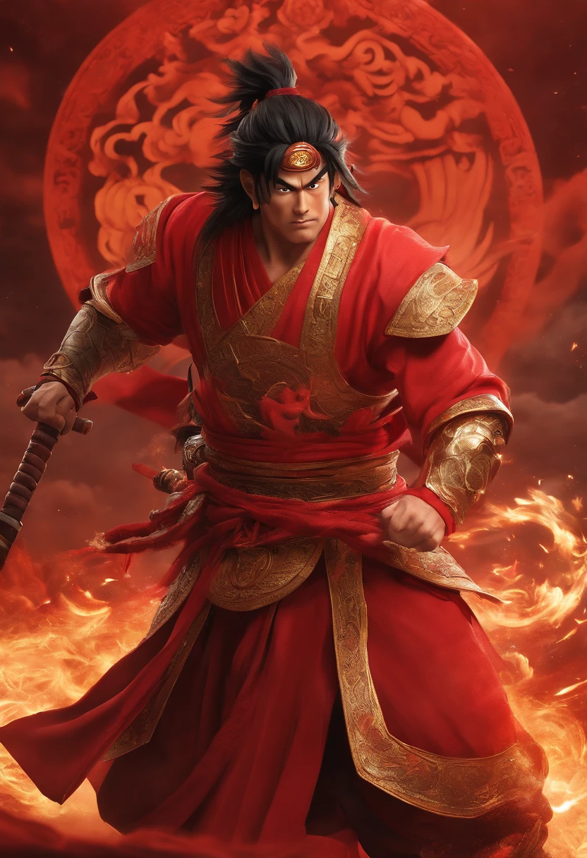 Goku as Chinese warrior in red robes, Dynasty warrior style, Elaborate and gorgeous CGI anime style, Luffy, 8K highly detailed digital effect fantasy, cgsociety 9, epic digital art illustration, and Mumford and Alex Gray style, Bio-luminescence