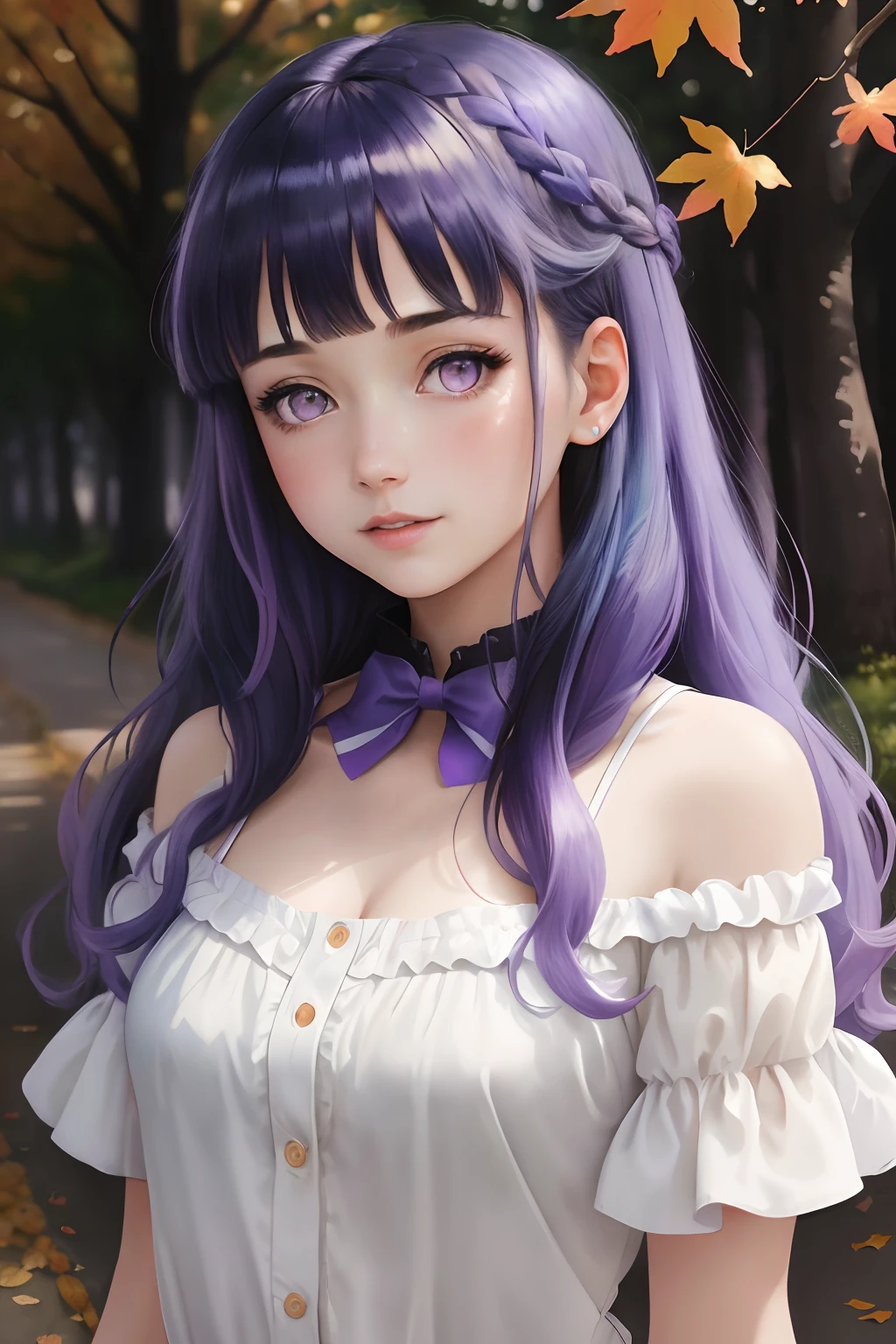 (8K, Best Quality, Masterpiece: 1.2), (Best Quality: 1.0), (Ultra High Definition: 1.0), Watercolor, Beautiful Woman, Shining Eyes, Shoulders, Hair Ribbon, Agnes Cecil, Half-Body Portrait, Very Bright Bright Design, Pastel Colors, (Ink: 1.3), Autumn Light,Blunt Bangs, purple eyes, long dark blue hair