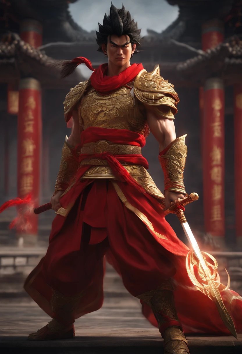 Goku as Chinese warrior in red robes, Dynasty warrior style, Elaborate and gorgeous CGI anime style, Luffy, 8K highly detailed digital effect fantasy, cgsociety 9, epic digital art illustration, and Mumford and Alex Gray style, Bio-luminescence