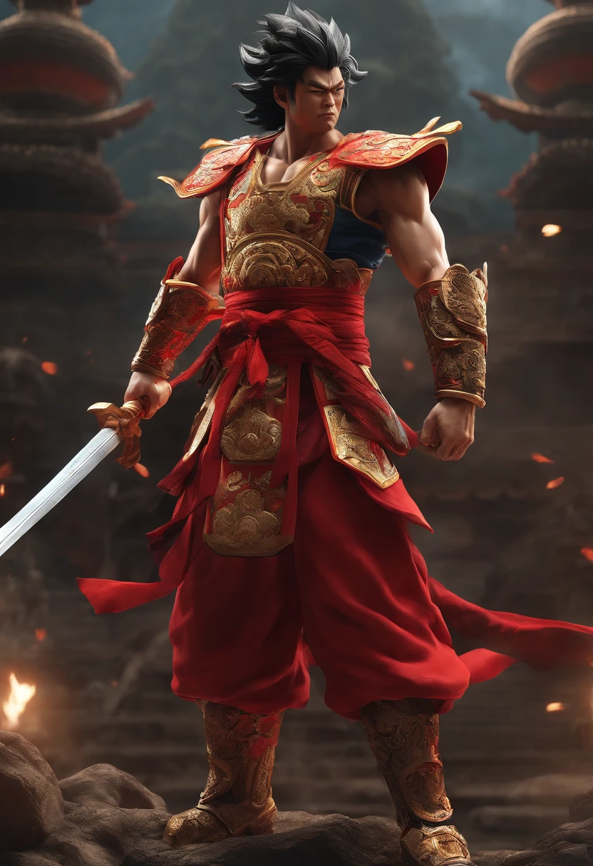 Goku as Chinese warrior in red robes, Dynasty warrior style, Elaborate and gorgeous CGI anime style, Luffy, 8K highly detailed digital effect fantasy, cgsociety 9, epic digital art illustration, and Mumford and Alex Gray style, Bio-luminescence
