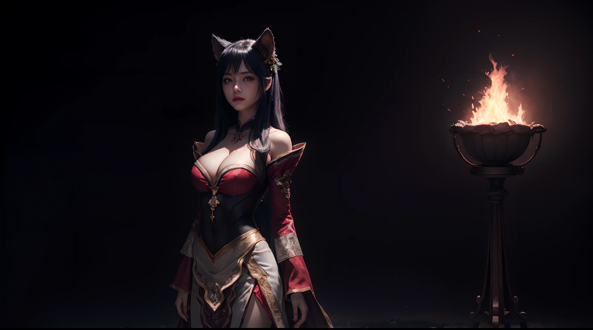(masterpiece, best quality), intricate detailsah1, facial mark, fox tail, korean clothes, cleavage, bare shoulders, detached sleeves, 1 girl, solo, portrait, standing, lookin at viewer, cinematic, dark atmosphere, dark fire burning background, volumetric lighting, half body, black background