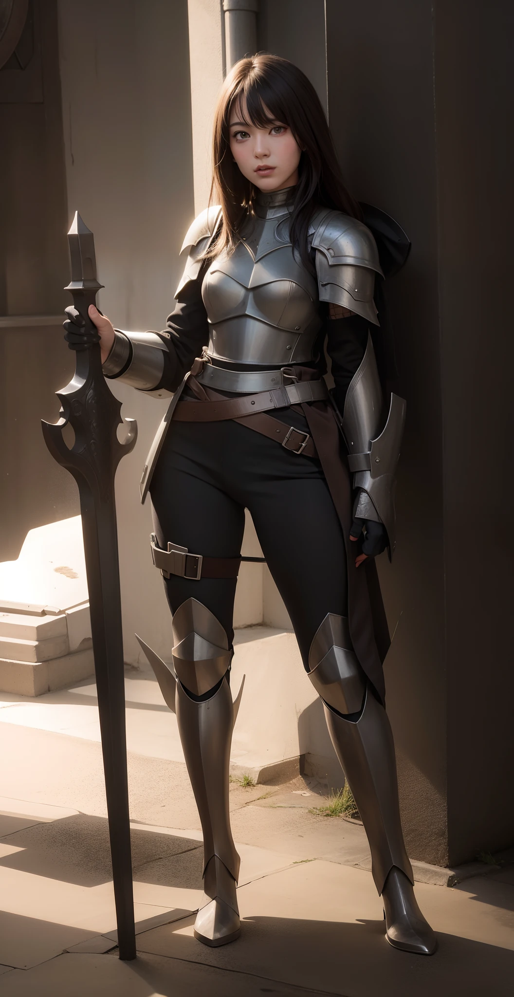 Pretty women, 20yo,a woman in armor,Solo,Ukrainian,Black Armor,high heels boots,Full body portrait,Woman knight,Slender body,Sword and shield,cloaks,Perfect face and nice perfect face, Surreal concept, 8K resolution, photographic quality, Walk through the ruins, Photorealistic