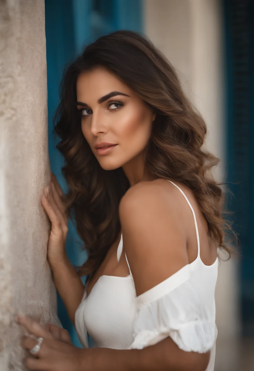 uma loira、Cabelo comprido ao peito、medium breasts pointed and heaving, seios lindos, infp mulher jovem、Fachada、Backgrounid branco、vestindo camisetas brancas、Bonito como um modelo、Embelezamento, blusa curta mostrando a barriga, decote, saia curta de indigina, corpo inteiro, fotografia profissional, desfoque de campo, fundo desfocado estilo fotografia profissional, lente 200mm.