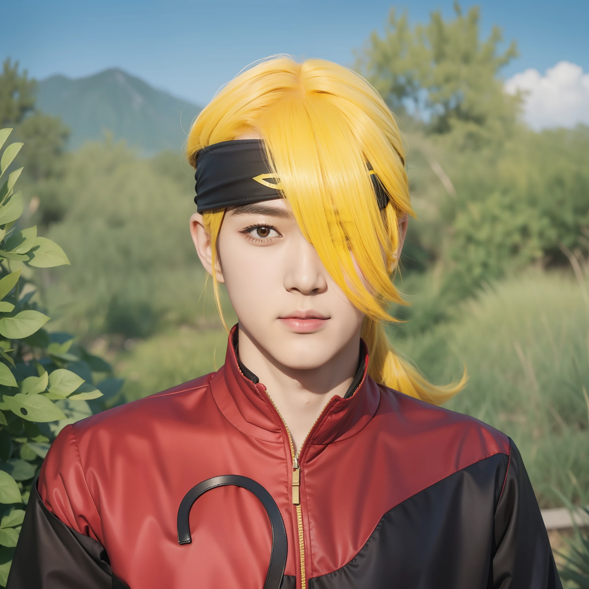 Real life adaption of this character , Korean handsome man ,realistic long front yellow hairstyle,realistic same outfit,hyper realistic,realism,realistic light,realistic shadow(photorealistic:1.2),plate headband
