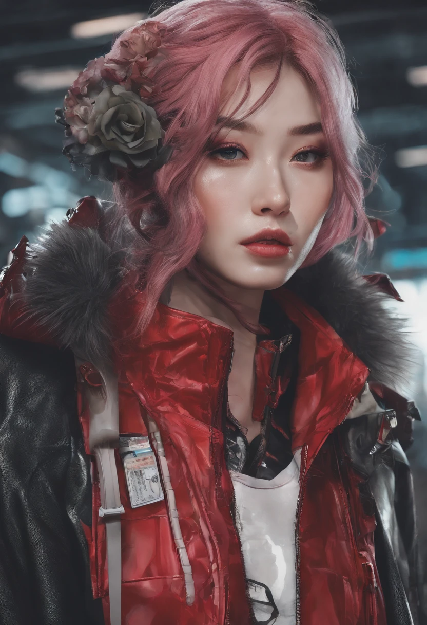 japanaese girl,pale skin,beatiful face,rose hair,red jacket Tokyo, with Cyberpunk style,Japanese streetwear,Tokyo Fashion,Wearing a Cyberpunk 2 jacket 0 7 7