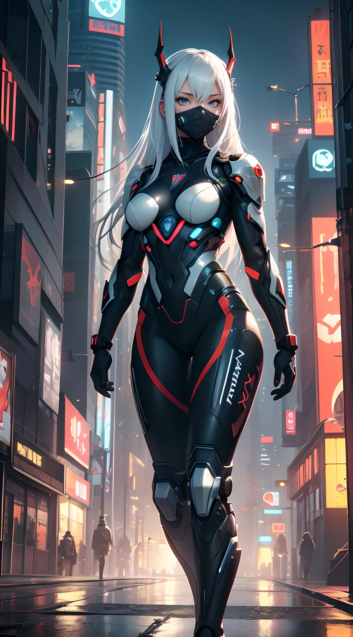 1girl, a beautiful girl cyborg cyberpunk with a cyberpunk city tall buildings, white hair, white and orange and black machine suit color combination, the body full of machine, realistic futuristic hologram, asian skin tone, beautiful eye, beautiful asian face, cyber ear machine, suits is solid mecha, realistic machine, sci fi scape, manipulation is a masterpiece, long hair, masterpiece, suit of cyberpunk, realistic sci fi building texture mecha aestethic, digital cyberpunk, looming over a city, cyber technology, realistic hair, lots of hair, white of hair, realistic metal solid texture of building, realistic neon glow, realistic neon sign, wonderful side lighting, realistic futuristic cyberpunk building, realistic girl robot cyberpunk, fog, foogy, masterpiece of detail, RAW IMAGE, depth of field, point of interes, depth of field is masterpiece, best photography composition masterpiece, natural realistic hair, rule of third masterpiece photography, natural lighting, photography masterpiece natural lighting from side, realistic skin texture, strong reflection, ( pose pinterest) masterpiece beautiful, Devil Horns, smooth pixel, ray of light, soft light, small breasts, mastepiece of cyber mask, masterpiece fantasy gun, carry a fantasy weapon