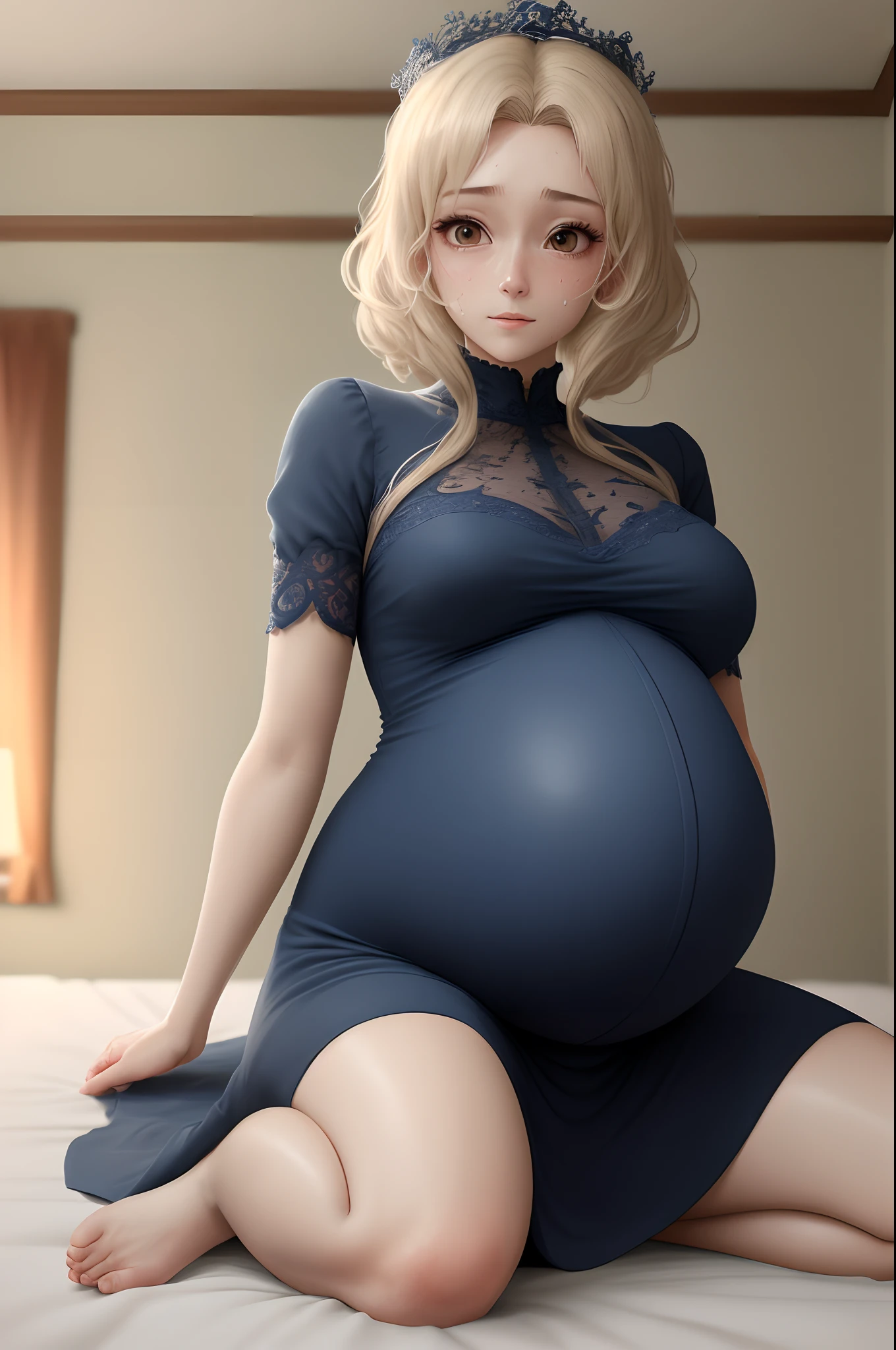 {perfect female body},{Exquisite face},{{8k anime wallpaper}},{{solo}}, {best quality}, {{masterpiece}}, {highres}, original, extremely detailed wallpaper,{an extremely delicate and beautiful}, (masterpiece),(best quality}. Amazing, finely detail, Depth of field, extremely detailed ,original, extremely detailed wallpaper,4k,{{twigs}}, {{{a woman}}},{dress,8k anime wallpaper,perfect female body,{{{suit}}}, masterpiece,best quality,highly detailed,1girl,dress,pregnant,bedroom ,in labor,pain,kneeling , Sitting posture, Leg separation,on bed ,sweating,suffering,giving birth